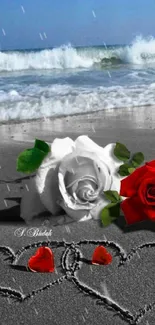 Romantic beach scene with roses and heart on sand.
