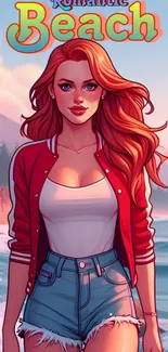 Red-haired girl on a romantic beach, art wallpaper.