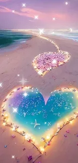 Romantic beach with glowing heart shapes and sunset hues in the background.