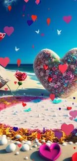 Romantic beach scene with heart art and roses under a blue sky.