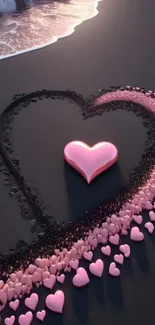 Romantic heart design on a black sand beach with pink hearts.