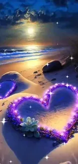 Romantic beach with glowing hearts in the sand under moonlit sky.