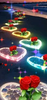 Romantic beach scene with illuminated heart pathway adorned with red roses.