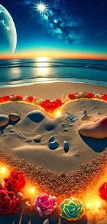 Romantic beach heart with candles under moonlit sky wallpaper.