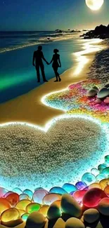 Romantic couple on moonlit beach with glowing heart.