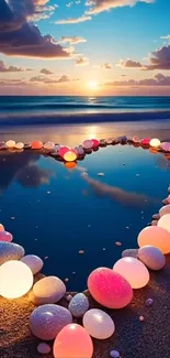 A heart made of glowing stones on a beach at sunset, with a serene ocean view.