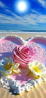 Romantic heart-shaped beach scene with pink rose.