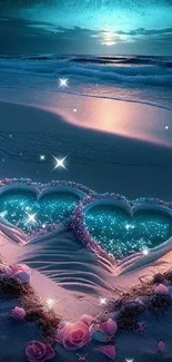 Romantic beach scene with glowing heart shapes on sand under a starry night sky.