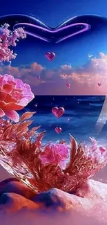 Heart-shaped glass with pink roses on a beach background.