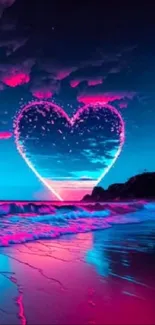 Romantic neon heart over a vibrant beach scene at night.