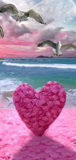 Romantic beach scene with pink rose petal heart and seagulls flying.