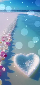 Foam heart on a serene beach with colorful seashells and blue ocean view.