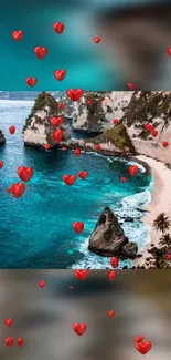 Romantic beach with red hearts floating over turquoise water and cliffs.