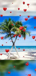 Beach with palm trees and red hearts floating in a blue sky.