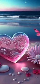 Romantic beach scene with a glass heart, flowers, and a butterfly under the moon.