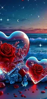 Romantic wallpaper with heart-shaped glass and moonlit beach scene.