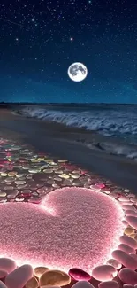 Heart-shaped glowing stones on a serene beach under a starry night.