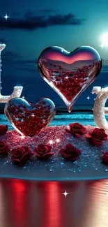 Romantic love scene with hearts and roses by the ocean under a glowing moon.