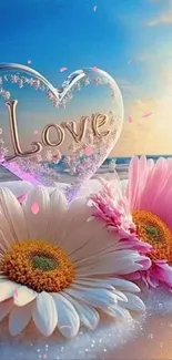 Romantic beach wallpaper with heart and flowers at sunset.