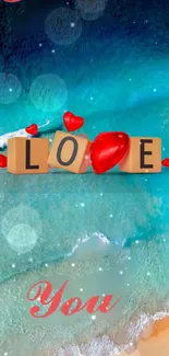 Romantic love beach wallpaper with blue ocean and red hearts.