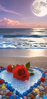 Romantic beach with moonlight, red roses, and heart-shaped stones.