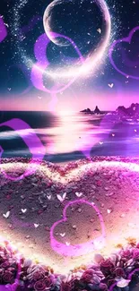 Moonlit beach with glowing heart sand art and ocean view.