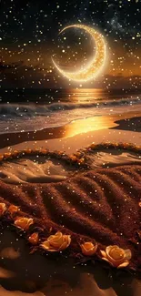 Romantic moonlit beach with sand heart at night.