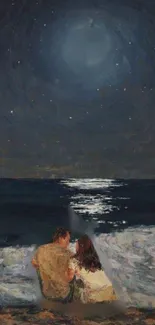 Romantic couple on moonlit beach under a starry night sky.