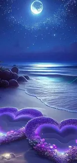 Romantic beach scene with glowing purple hearts and moonlit ocean.