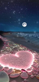 Romantic night beach with heart stones under a starry sky and moonlight.