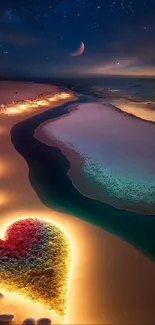 Romantic beach scene with heart-shaped sand art under a starry sky.