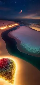 Heart shaped sand at night with a moonlit beach.