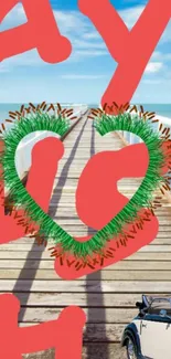 Beach pier wallpaper with heart and blue sky theme.