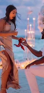 A romantic beach proposal at sunset.