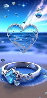 Romantic heart and ring on serene beach background.