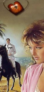 Romantic vintage beach scene with a woman and man on horseback.