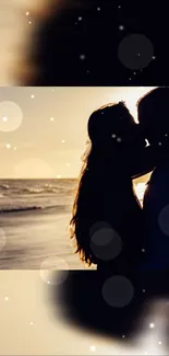 Romantic couple silhouette at sunset with bokeh lights by the beach.