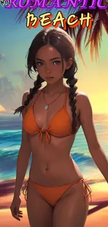 Anime style beach sunset wallpaper with an orange theme.