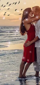 Couple kissing on a beach during sunset with sparkling ocean waves.