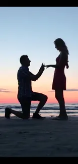 Silhouetted couple proposal during sunset on a beach.