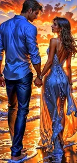 Couple holding hands during sunset on a beach.