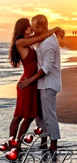 Couple embracing at beach during sunset with love written on sand.