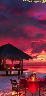 Romantic sunset beach scene with hut and dining setup.