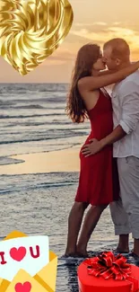 Romantic couple embracing on a beach at sunset with a golden heart.