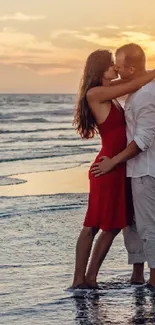 Romantic couple embraces at sunset on a beach.