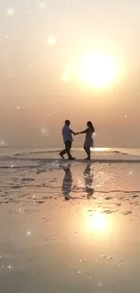 A couple holding hands at sunset on a tranquil, reflective beach.