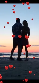 Silhouette couple at sunset with floating red hearts on beach.