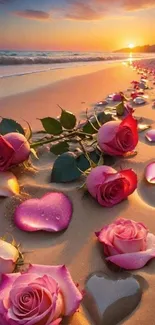 Roses and petals on a sunset-lit beach with heart shapes.