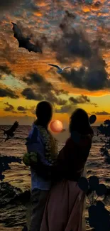 Romantic couple at sunset with birds and ocean view.