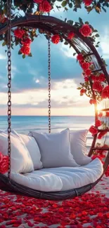 Romantic beach swing with roses at sunset.
